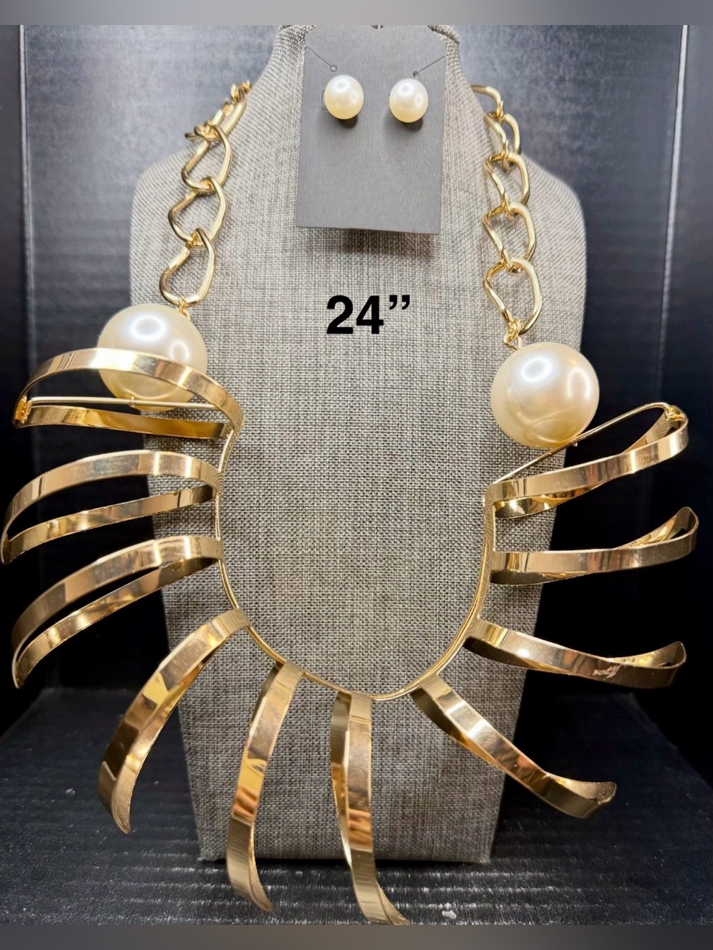 157. Gold-Tone Pearl Accent Statement Necklace and Earring Set